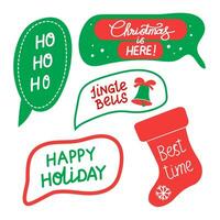 Christmas stickers set. Winter festive quotes. Cute holiday badges, lettering, doodle quotes, stickers. Vector illustration.