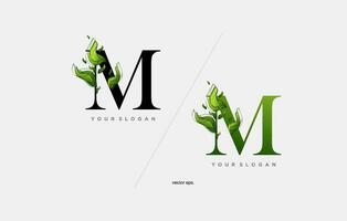 a green letter m with leaves and leaves vector