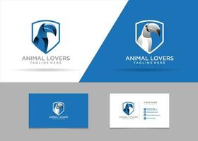 bird taucan blue logo, animal lovers logo design template with business card vector