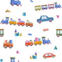 Watercolor seamless pattern of kid wooden toys. Colored cars, trains, locomotive, wagon, wood bricks, animal, horse. Hand painted illustration for children print, decor, wrapping, fabric, textile. png