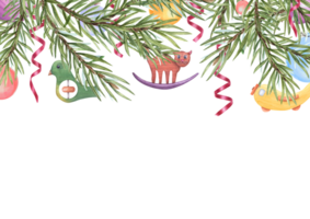 fröhlich Weihnachten und glücklich Neu Jahr Poster mit Fichte Baum Zweig, farbig Bälle, hölzern Spielzeuge und rot Serpentin. Kind Katze, Flugzeug, Vogel, verdrehte Bänder, Weihnachten Baum Geäst. Raum zum Text png