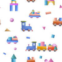 Watercolor seamless pattern of kid wooden toys. Colored cars, trains, locomotive, wagon, wood bricks. Hand painted illustration for children print, poster, decor, wrapping, fabric, textile. png