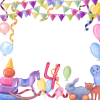 vattenfärg kort för barns födelsedagar. pyramid, käpphäst, hare, kanin, katt, ballonger, band, flagga, siffra 4. hand målad illustration för mall, hälsning kort, vykort png
