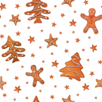 Seamless ornate of cute Christmas gingerbread cookies. Watercolor illustration of gingerbread man, stars, spruce for room decor, print, textile design. Top view. png