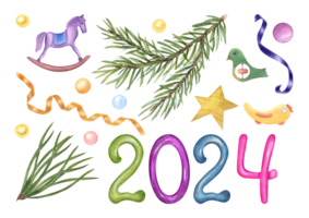 Christmas set with spruce branches, wooden kid toys, and next years numbers, twisted ribbons. Kid hobby horse, airplane, bird, twisted ribbons, Xmas tree branches, colored numbers. png