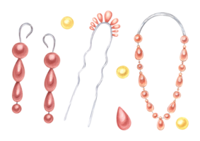 Set of female accessories. Vintage Hairpins, dangle Earrings, necklace. Bijouterie with pearls. Watercolor illustration for wedding design, label, flyer png