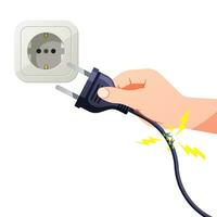 Hand holding the power cable, the power cable is damaged, causing a short circuit. vector