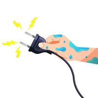 Wet hands holding vector electrical plug