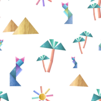 Watercolor seamless pattern of palm trees, pyramids, cats built from wooden bricks. For children print, poster, wallpaper, wrapping, fabric, textile. png