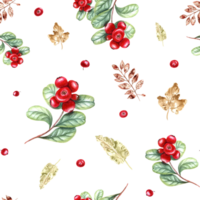 Seamless pattern of watercolor red cranberries and imprints of autumn colorful leaves. Illustration for room decor, print, textile design. Cozy home png