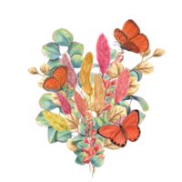 Bright floral bouquet of dried lagurus, eucalyptus branch, abstract flowers and fluttering butterflies. Orange, yellow, terracotta, green colors. Watercolor composition for wedding card, decoration. png