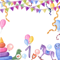 vattenfärg kort för barns födelsedagar, fest. pyramid, käpphäst, fågel, skallra, ballonger. hand målad illustration för hälsning kort, affisch, vykort, för barnkammare, barn rum dekor. png