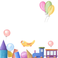 plein kader van kind houten speelgoed met gekleurde ballonnen. speelgoed, piramide, bakstenen, stoom- locomotief, schattig koets. kopiëren ruimte voor tekst. waterverf illustratie voor kinderen partij, baby douche, naam dag png