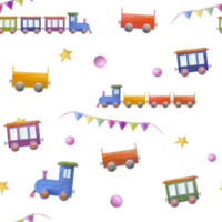 Watercolor seamless pattern of kid wooden toys. Colored cars, trains, locomotive, wagon. Hand painted illustration for children print, poster, decor, wrapping, fabric, textile. png