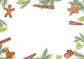 acquerello telaio di Natale abete rosso ramo, Pan di zenzero biscotti, cannella bastoni, lime fette. Pan di zenzero uomo, stelle, natale calzino, guanto, abete aghi, spezie, agrumi. spazio per testo png