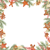 Watercolor frame of Christmas Spruce Branch, Gingerbread Cookies, Dried Plants. Yellow and terracotta herbs, gingerbread man, stars, Xmas sock, mitten, fir needles. Space for text png