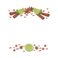 Watercolor frame of cinnamon sticks, star anise, ripe lime slices. Christmas, New Year illustration of citrus with spices for greetings, cards, package. Copy space for your text. png