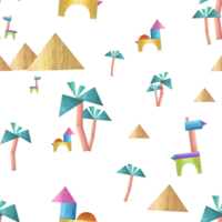 Watercolor seamless pattern of palm trees, pyramids, animals built from wooden bricks. For children print, poster, wallpaper, wrapping, fabric, textile. png