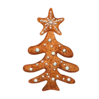 Watercolor gingerbread spruce with star on top. Traditional Christmas pastry decorated with white icing. For Xmas and New Year cards, greetings, templates. illustration png
