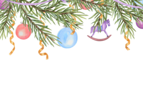 Merry Christmas and Happy New Year poster with spruce tree branch, colored balls, wooden toy and gold serpentine. Kid hobbyhorse, twisted ribbons, Xmas tree branches. Space for text png