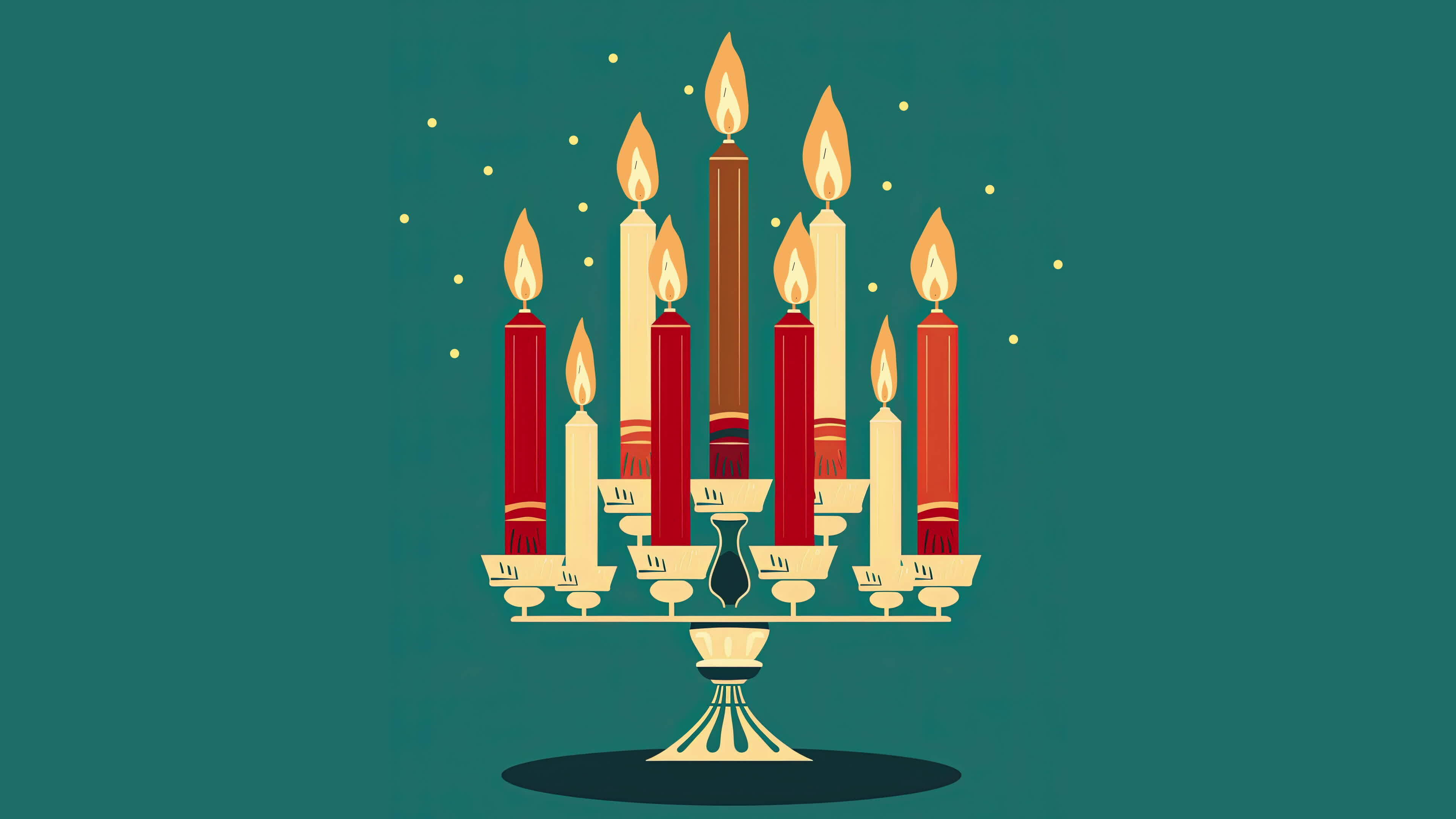 Hanukkah menorah candelabrum with nine lit candles. Video flat cartoon