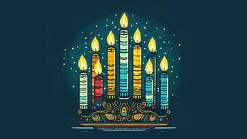 hanukkah menora kandelaber med nio belyst ljus. video platt tecknad serie animering design element. generativ ai