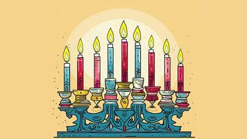 hanukkah menora kandelaber med nio belyst ljus. video platt tecknad serie animering design element. generativ ai