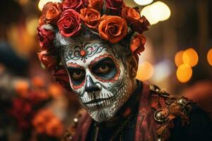 hombre con sorprendentes azúcar cráneo maquillaje abrazando día de el muerto tradiciones foto