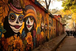 Street mural depicting lively skeletal figures amidst Day of the Dead celebrations photo