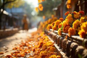 Vibrant marigold garlands decorating gravestones for Day of the Dead celebrations photo