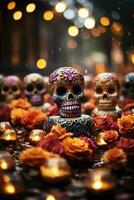 Decorated graves in cemetery on Day of the Dead background with empty space for text photo