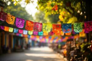 vistoso papel picado pancartas revoloteando en día de el muerto festividades foto