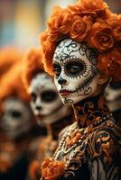 Catrinas procession in traditional attire during Day of the Dead background with empty space for text photo