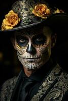 Man with striking sugar skull makeup embracing Day of the Dead traditions photo