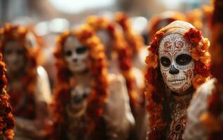 Catrinas procession in traditional attire during Day of the Dead background with empty space for text photo