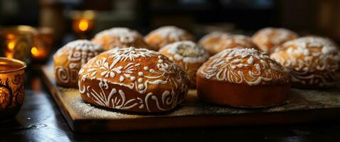 Close up of intricately designed Pan de Muerto for Day of the Dead celebration photo