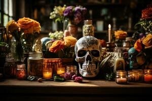 Traditional Mexican altars laden with offerings for Day of the Dead celebrations photo