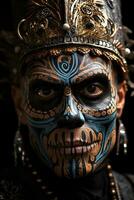 Skeleton themed face painting during Day of the Dead celebration background with empty space for text photo