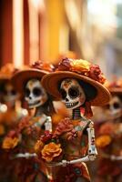 Catrinas procession in traditional attire during Day of the Dead background with empty space for text photo