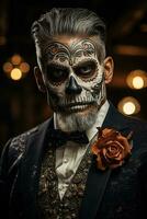 Man with striking sugar skull makeup embracing Day of the Dead traditions photo