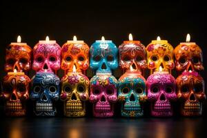 Bright candles on traditional Day of the Dead altar isolated on a gradient background photo