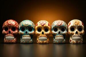 Hand painted ceramic Calacas figurines for Day of the Dead isolated on a gradient background photo