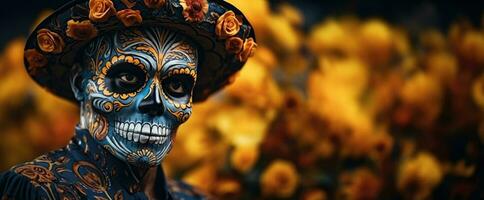 Skeleton themed face painting during Day of the Dead celebration background with empty space for text photo