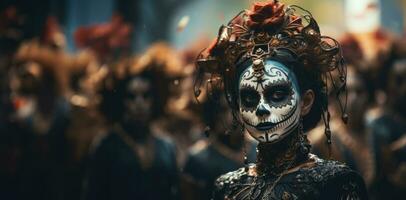 Catrinas procession in traditional attire during Day of the Dead background with empty space for text photo