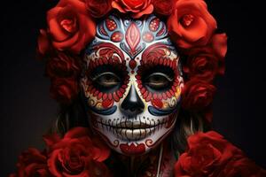 Detailed skull face paint for Day of the Dead celebrations isolated on a gradient background photo