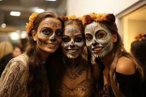 Dazzling display of skeleton themed face paintings at a joyous Day of the Dead celebration photo