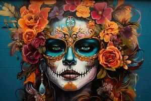 Street mural showcasing Day of the Dead artistry background with empty space for text photo
