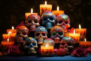 Bright candles on traditional Day of the Dead altar isolated on a gradient background photo