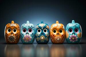 Hand painted ceramic Calacas figurines for Day of the Dead isolated on a gradient background photo