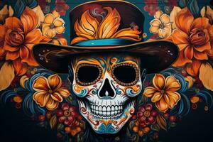 Street mural showcasing Day of the Dead artistry background with empty space for text photo